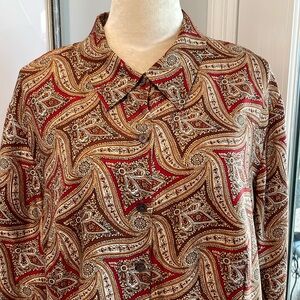 Talbots Woman 100% Silk Paisley Floral Brown Vine Button Front Shirt Blouse 20W
